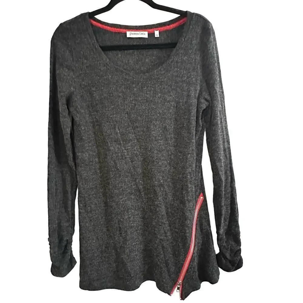 PATRIZIA LUCA Milano Gray Zipper-Detail Tunic Sweater Top Ruched Sleeve - Sz M